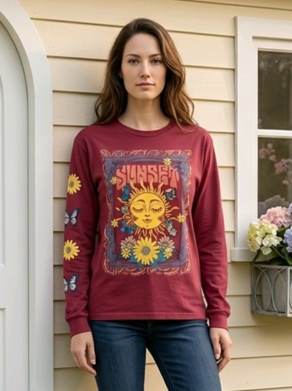 Obsessive Love Women Sunset Moonlight Long Sleeve Tee Red S Boho (spots lft sl)